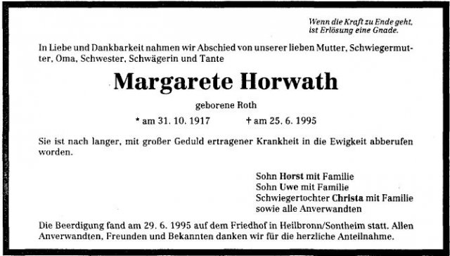 Roth Margarete 1917-1995 Todesanzeige